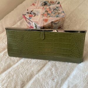 Aldo Olive Green Croc-Embossed Clutch with Silver Frame